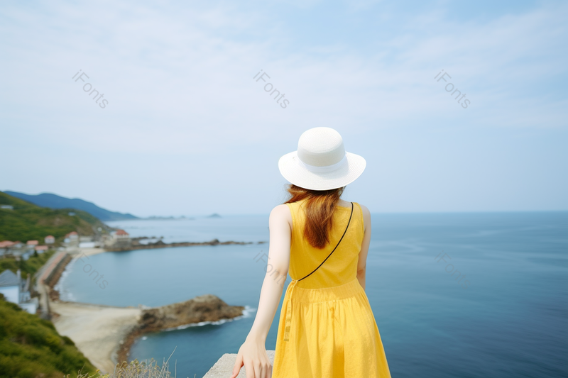 夏日海边清新黄衣美女旅游 背影摄影图,高清,摄影图,摄影图片,图片大全,摄影图免费下载